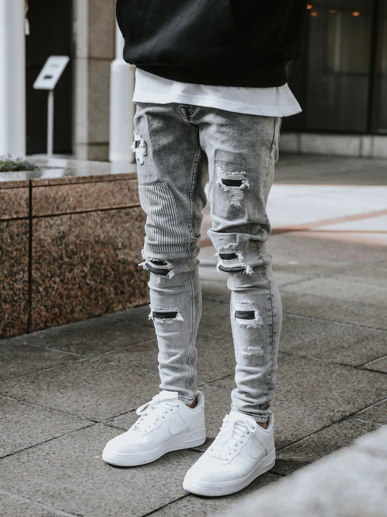 Men's Skinny Ripped Jeans Streetwear Fashion Beggar Patch Men Pencil Pants Grey/Blue Slim Denim Trousers Casual Jeans for Men