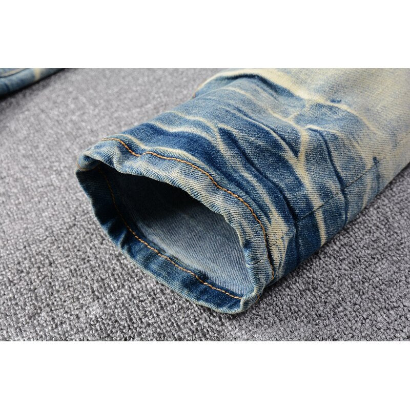 Men’s High Street Fashion Skinny Destroyed Tie Dye Blue Bandana Embroidered Patches Slim Fit Scratched Ripped Jeans For Men