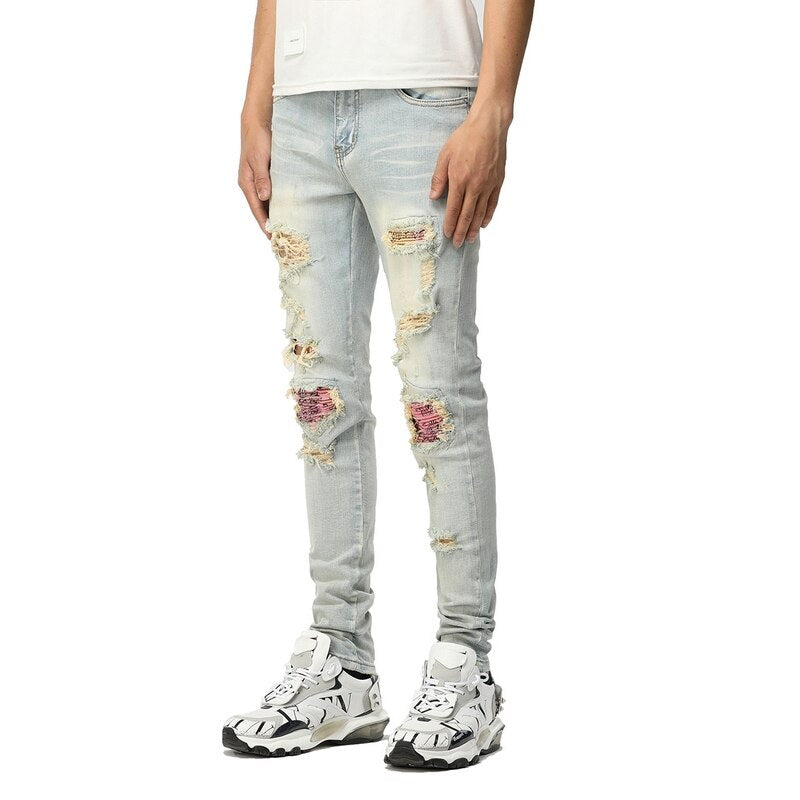 New Men's Distressed Hollow Out Patchwork Rainbow bandana ripped Patches Light Blue Washed Slim Stretch Jeans Size 28-40