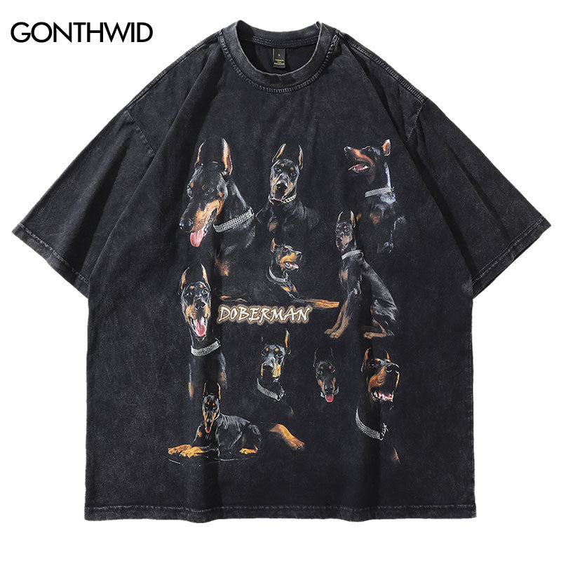 Vintage Doberman Dog Print Punk Rock Gothic T-Shirt