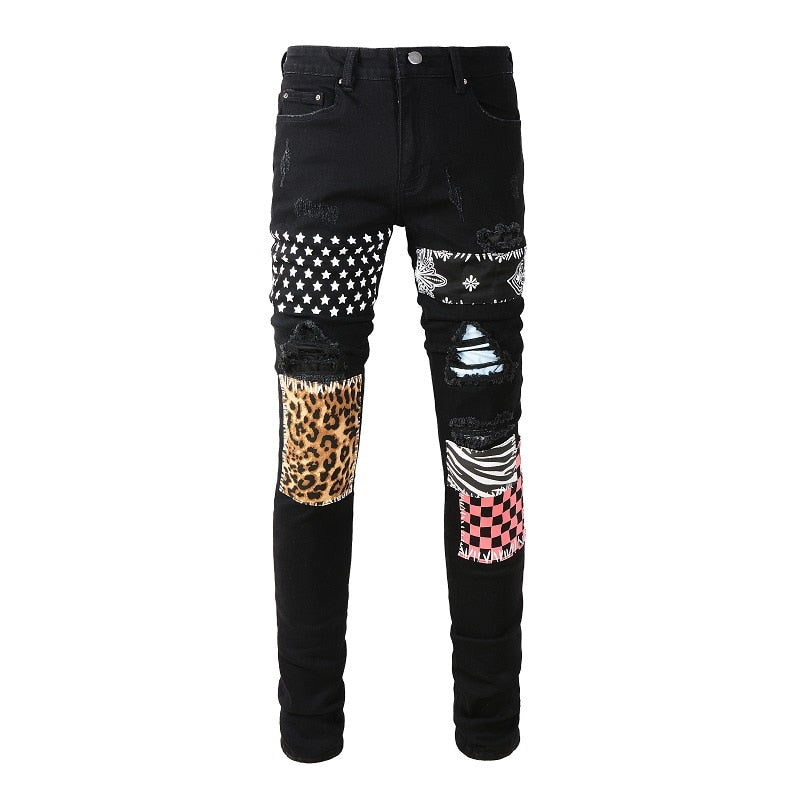 New Arrival Men’s Fashion Black Distressed Slim Streetwear Damage Skinny High Stretch Destroyed Spliced Bandana Ripped Jeans