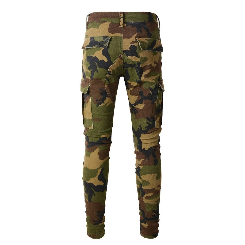 Men's Camo Cargo Pants w/ Stretch, Distressed Leather, and Rippers! 100% unique.