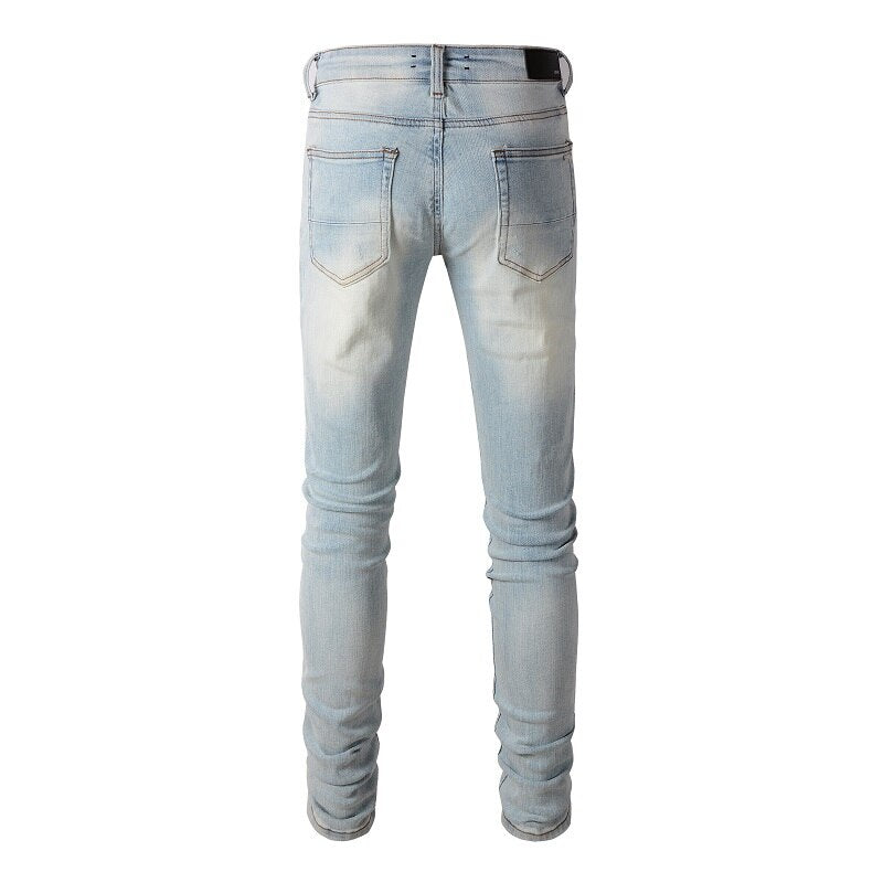 Fashion Distressed Slim Streetwear Damage Skinny High Stretch Blue Destroyed Tie Dye Bandana Ripped Jeans