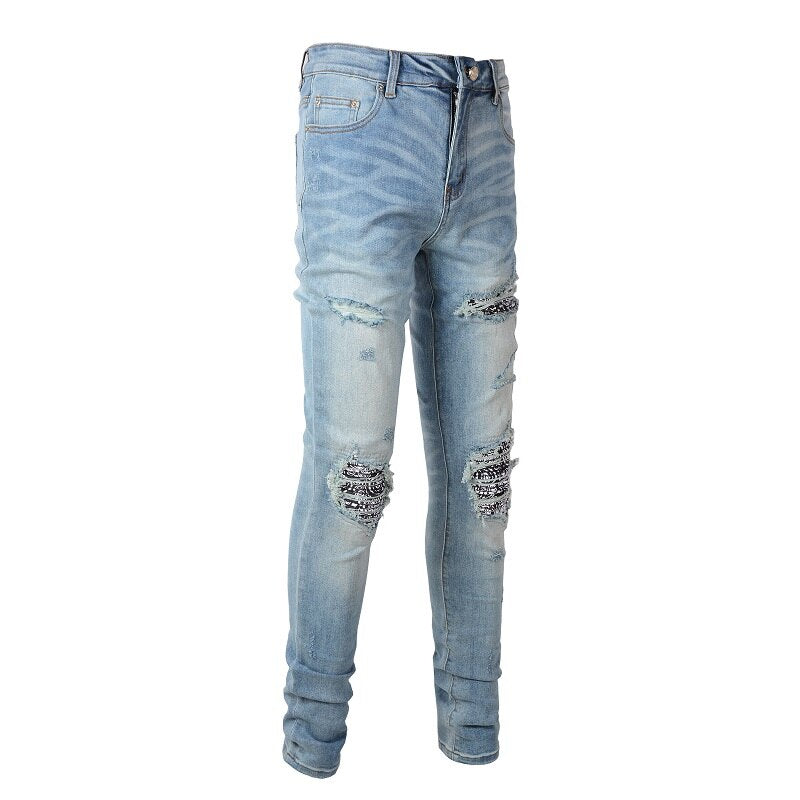 Light Blue Destroyed Tie Dye Bandana Ribs Patches Slim Fit Jeans