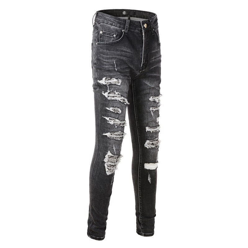 New Fashion Distressed Slim Fit Streetwear Style Bikers Skinny Stretch Destroyed Tie Dye Bandana Ribs Patches Black Ripped Jeans