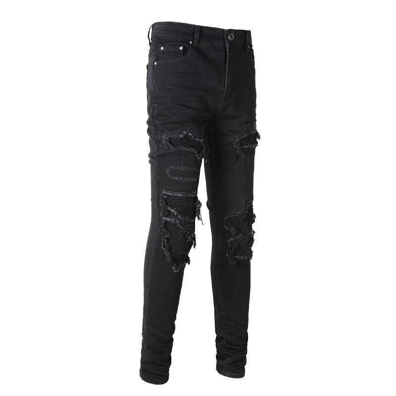 New Arrival Men's Black Distressed Streetwear Fashion Slim Stretch Damaged Holes With Bandana Ribed Patches Ripped Skinny Jeans