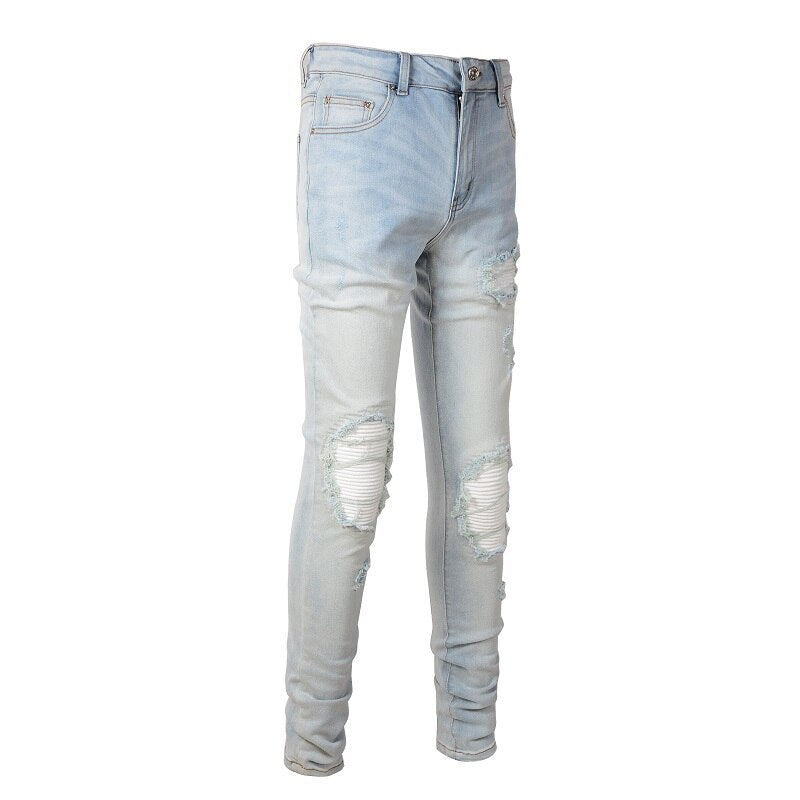 New Arrivals Men's Light Blue Ripped Streetwear Distressed Skinny Stretch Destroyed Tie Dye Bandana Ribs Patches Slim Fit Jeans