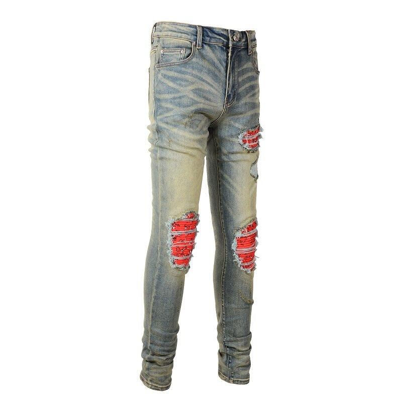 New Arrival Men’s Light Blue Distressed Skinny Stretch Streetwear Tie Dye Bandana Patchwork Destroyed Slim Fit Denim Jeans