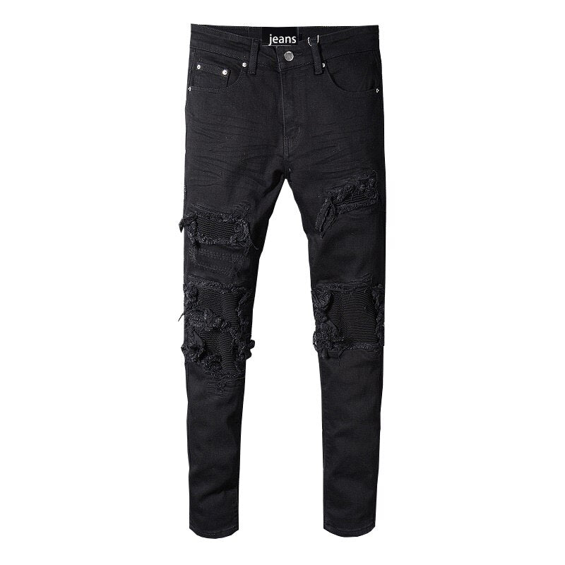 New Men's Distressed Patchwork Ripped Destroyed Ribs Patches Hollow Out Slim Stretch Washed Jeans Black Pants Size 28-40