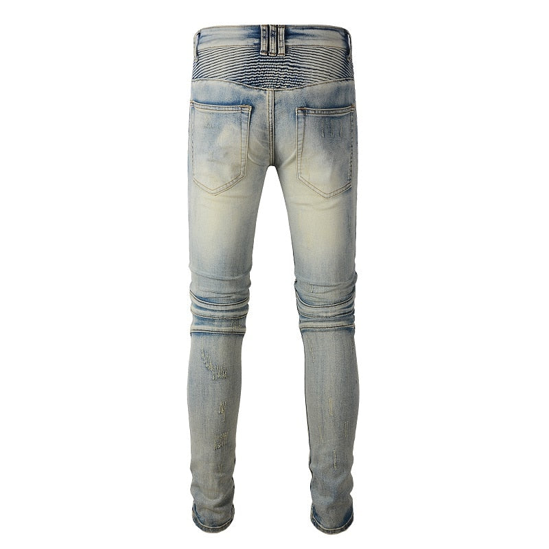 New Men’s Distressed Letter Patchwork Ripped Biker Holes Motor Bike Pleated Ribs Slim Destroyed Washed Stretch Blue Jeans