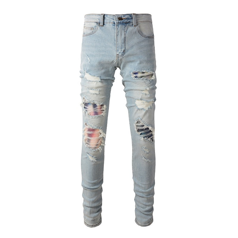 Fashion Distressed Slim Streetwear Damage Skinny High Stretch Blue Destroyed Tie Dye Bandana Ripped Jeans