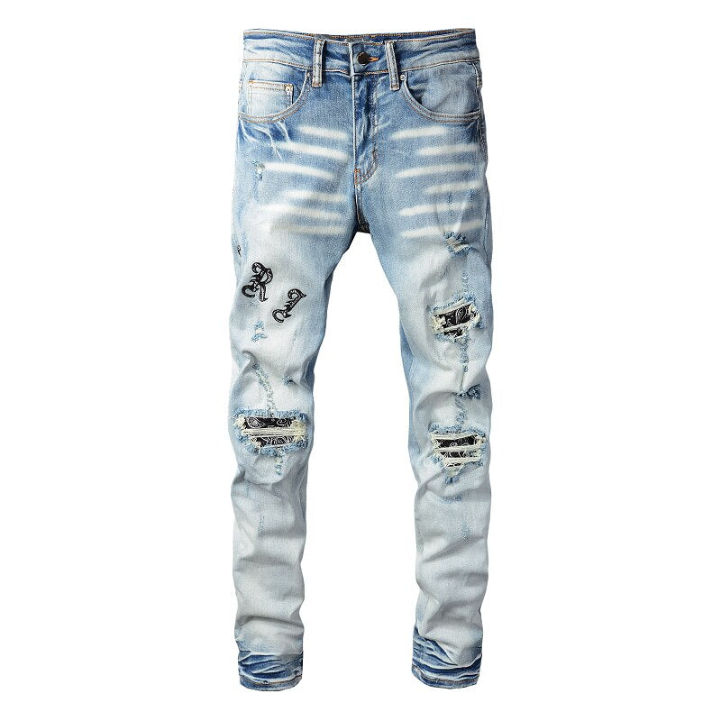 Men's Streetwear Distressed Slim Fit Letters Embroidered Damaged Holes Tie Dye Bandana Ribs Patches Skinny Stretch Ripped Jeans