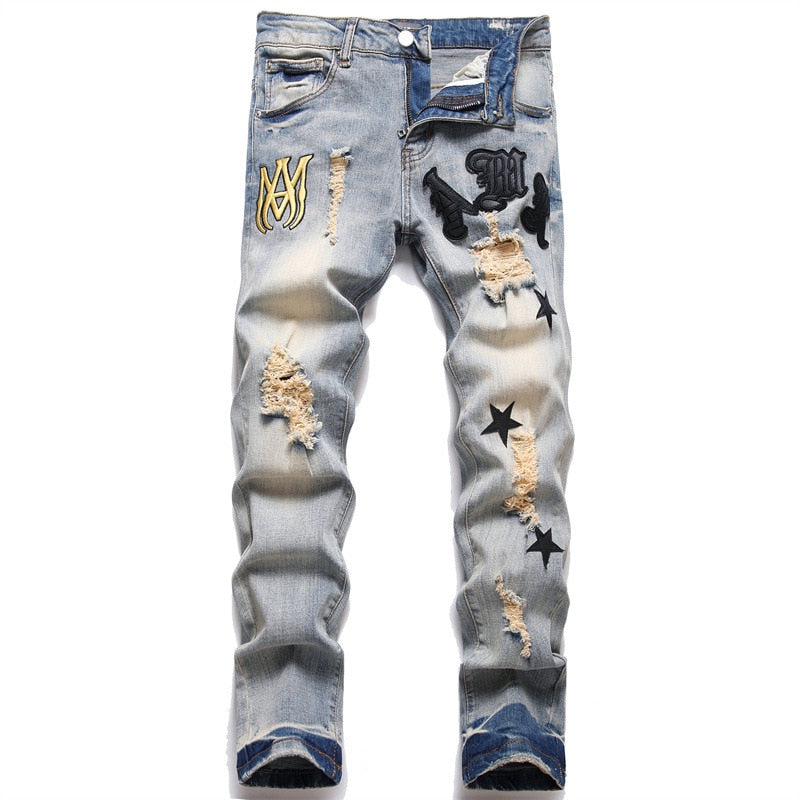 EH·MD® Five-pointed Star Embroidered Word Art Jeans