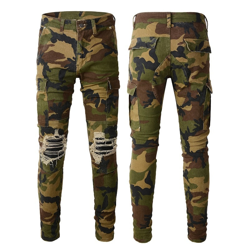 Men's Camo Cargo Pants w/ Stretch, Distressed Leather, and Rippers! 100% unique.