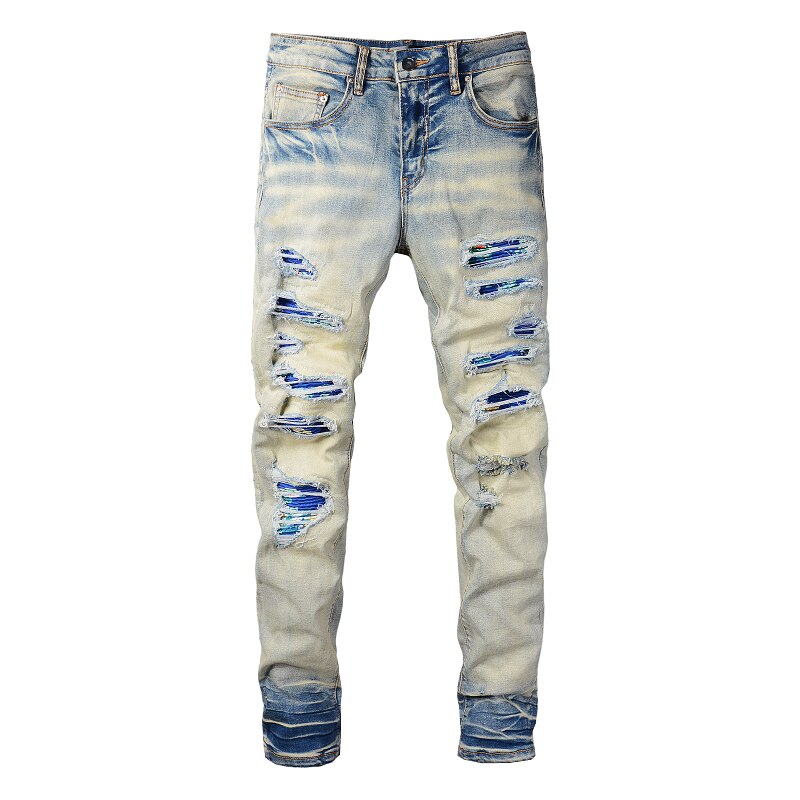 Men’s High Street Fashion Skinny Destroyed Tie Dye Blue Bandana Embroidered Patches Slim Fit Scratched Ripped Jeans For Men