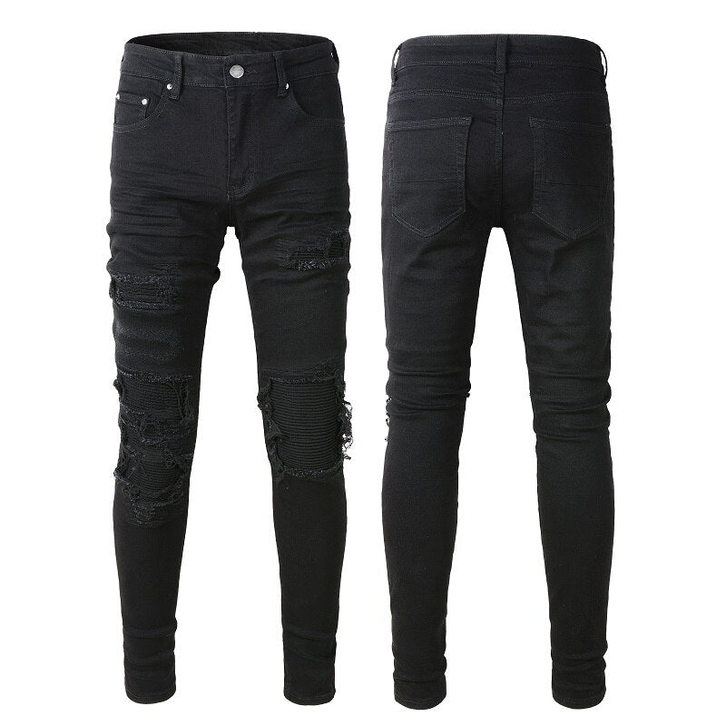 New Men's Distressed Patchwork Ripped Destroyed Ribs Patches Hollow Out Slim Stretch Washed Jeans Black Pants Size 28-40