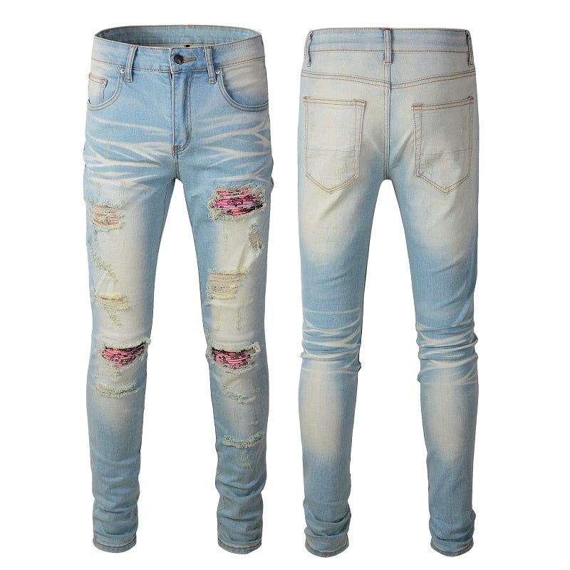 New Men's Distressed Hollow Out Patchwork Rainbow bandana ripped Patches Light Blue Washed Slim Stretch Jeans Size 28-40