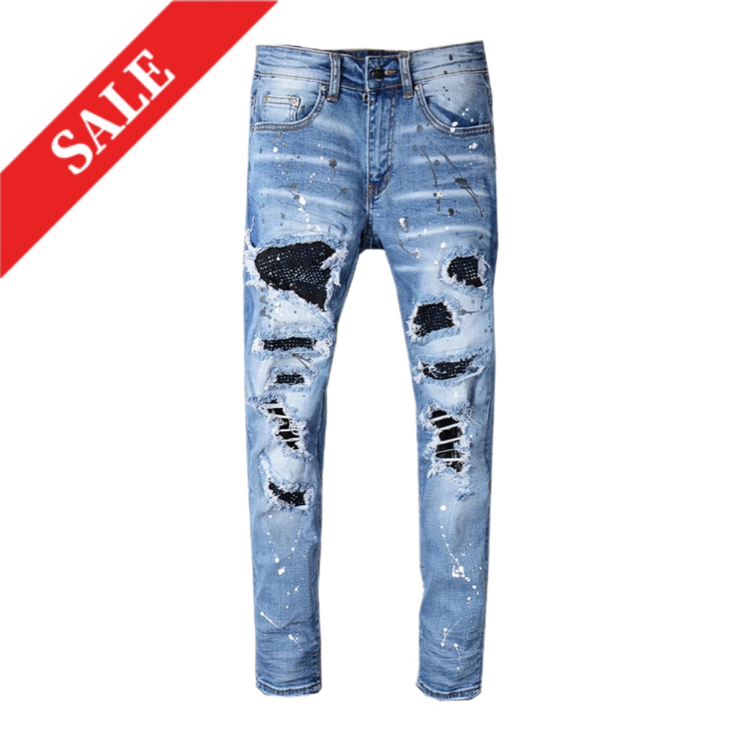 Sokotoo Men's rhinestone crystal patchwork light blue ripped jeans Slim fit skinny stretch denim pants